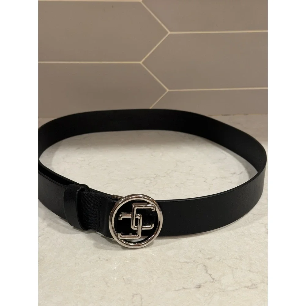 Chicos Black Faux Leather Logo Buckle Belt Large Silver Tone Tailored Minimalist